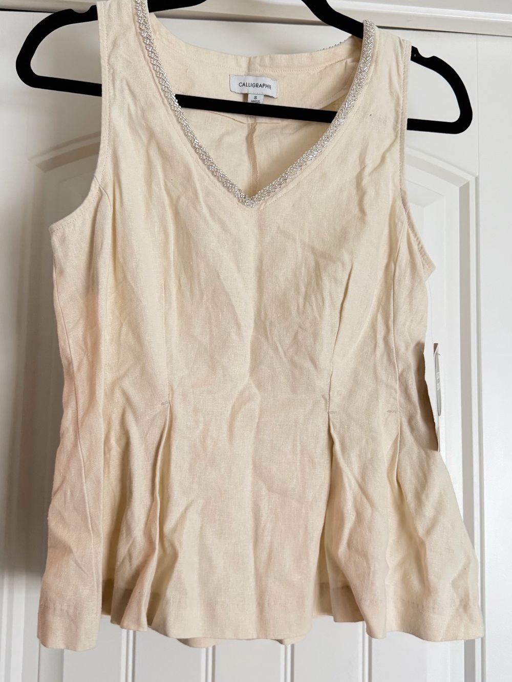 Beaded V-Neck Sleeveless Top in Cream